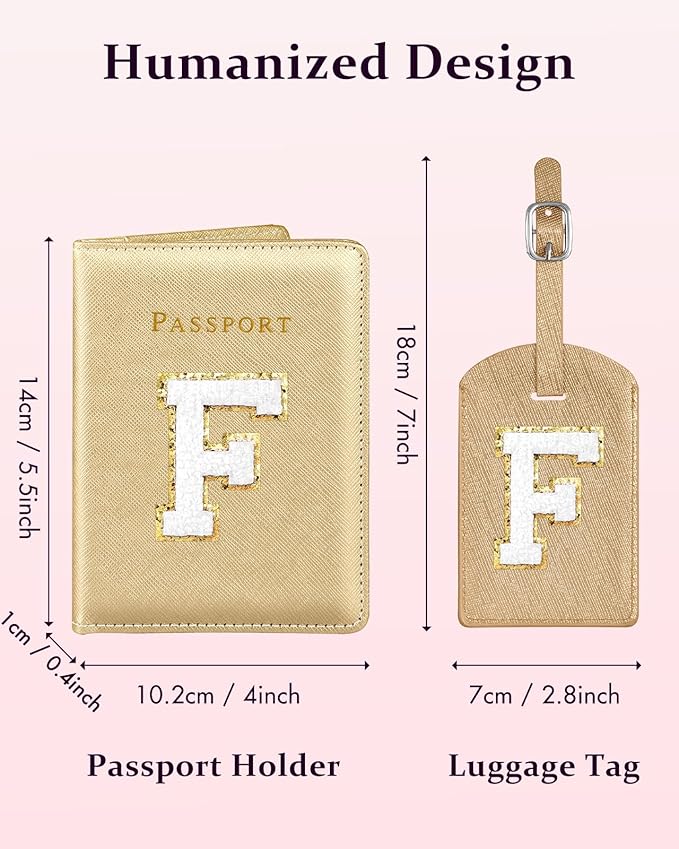 Slohif Passport Holder Initial Lugguage Tag Set Suitcase Cover Wallet Case for Travel Women - Leather Letter Passport Book Personalized Organizer Card Protector Sleeve Essentials Slim Carrier Gold F