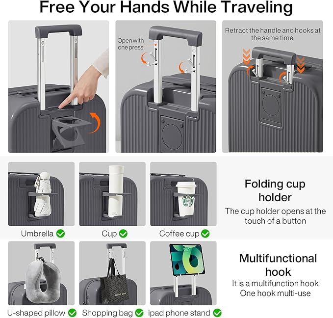 mixi Checked Luggage with Cup Phone Holder Hard Shell Rolling Travel Suitcase with Spinner Wheels,26 Inch Rock Grey