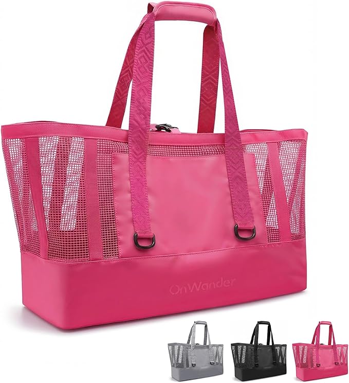 Large Mesh Beach Tote Bag - 50L Pool Bags with 2 Inner Zipper Waterproof Pockets for Swim Toys Towels Travel