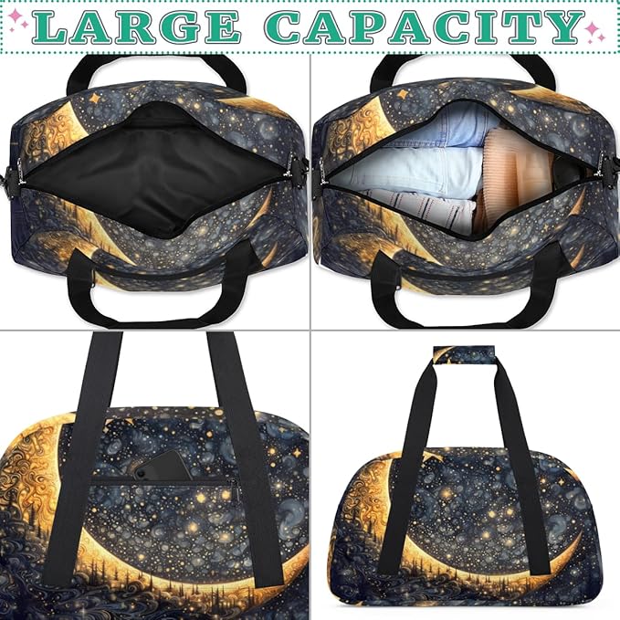 Forest Moon Gym Travel Duffle Bag for Women & Men with Front Zipper Pocket for Sports, Overnight, Weekender, Carry On,Workout & Dance Bag,Golden Moon Star,18.9 * 8.7 * 10.6 in