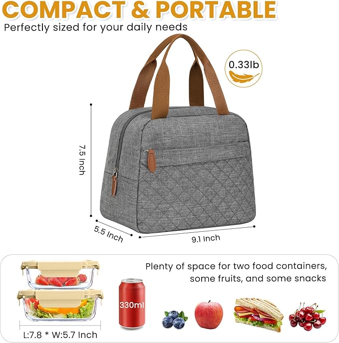 Insulated Lunch Bag for Women, Portable Lightweight Lunch Box for Adults, Reusable Small Lunch Tote Cooler Bags with Front Zipper Pocket for Work School Picnic(Gray)