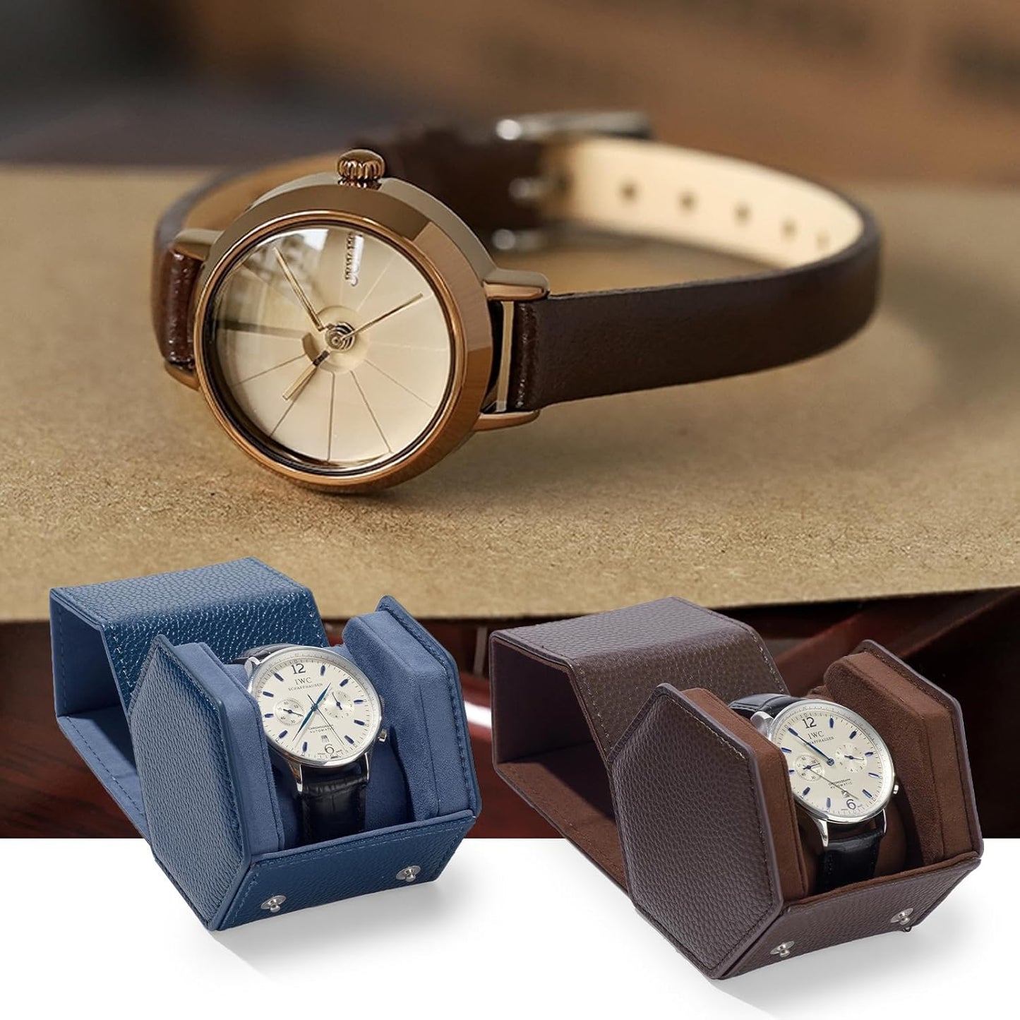 Oirlv Luxury Hexagonal Leather Watch Travel Case Single Watch Box for Men Portable Jewelry Storage Roll Organizer (1-Slot,Black)