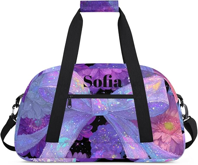 Custom Name Girls Gym Travel Duffle Bag with Front Zipper Pocket Personalized Sports Bag for Overnight, Weekender, Carry On,Workout & Dance, 18.9 * 8.7 * 10.6 in，Purple Bow