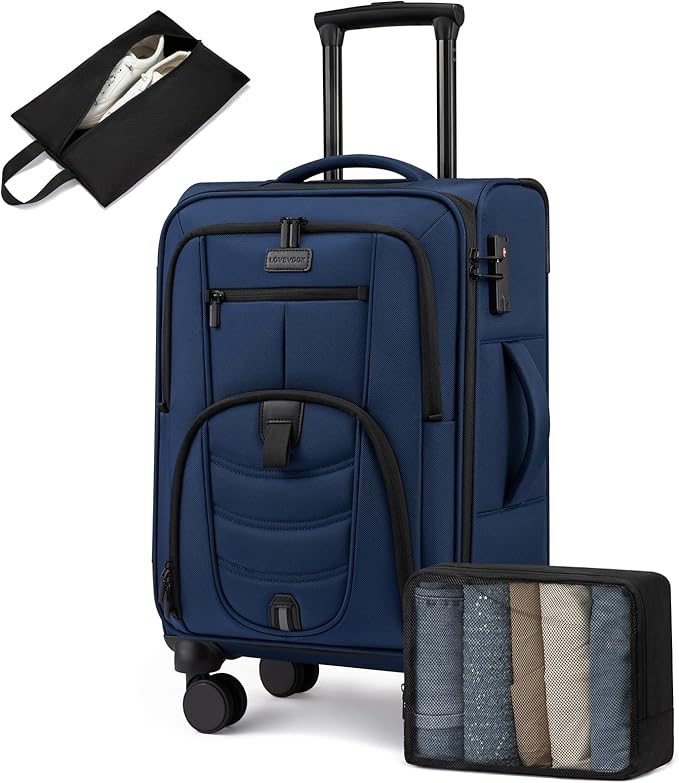 LOVEVOOK Business Softside Checked Luggage with 15.6/17.3 Inch Laptop Compartment, 24 Inch Checked Suitcase with Spinner Wheels, Large Capacity Luggage with TSA Lock for Business Trip Travel Navy Bule