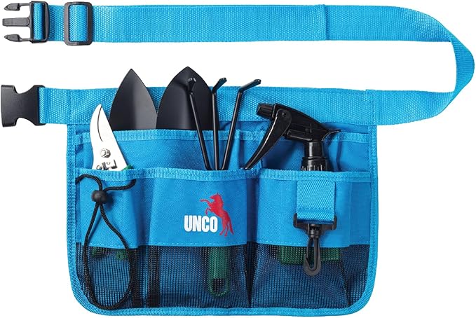UNCO- Adjustable Gardening Belt, Blue, 5 Pockets, Wear, Cut and Water Resistant, Garden Tool Belt Pouch, Waist Apron with Pockets