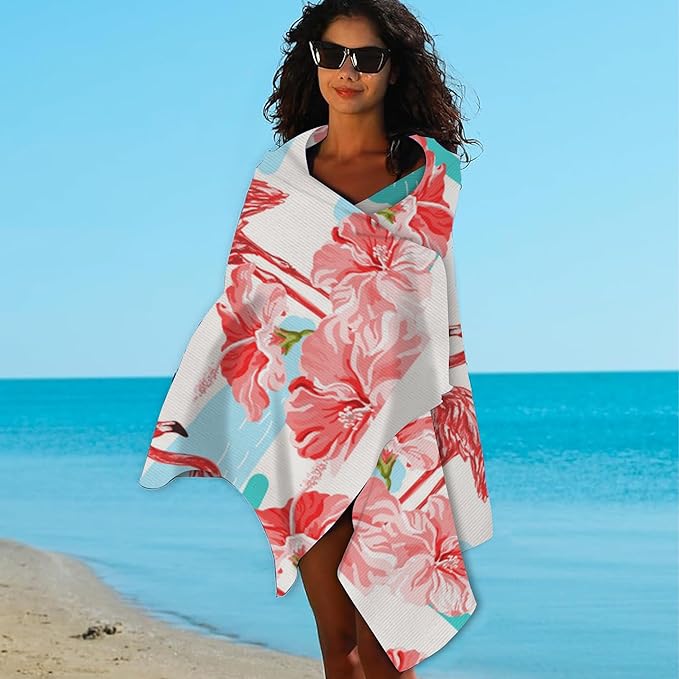 Hibiscus Beach Towel,Tropical Flamingo and Red Hibiscus Lightweight Compact Sand Free Quick Dry Oversized Pool Swimming Towels for Girls Women Adults,29.5"×59"