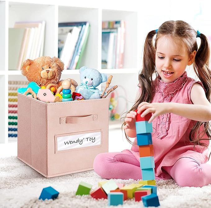 artsdi 13x13x13 storage cube bins(Set of 8) Fabric storage cubes with 8 Labels Window Cards & a Pen, storage cubes 13x13, Collapsible 13 inch cube storage bins, Cubby Boxes, Pink