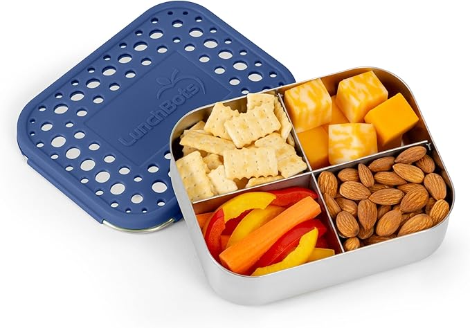 LunchBots Medium Quad Snack Container - Divided Stainless Steel Food Container - Four Sections for Finger Foods On the Go - Eco-Friendly, Dishwasher Safe - Stainless Lid - Blue Dots