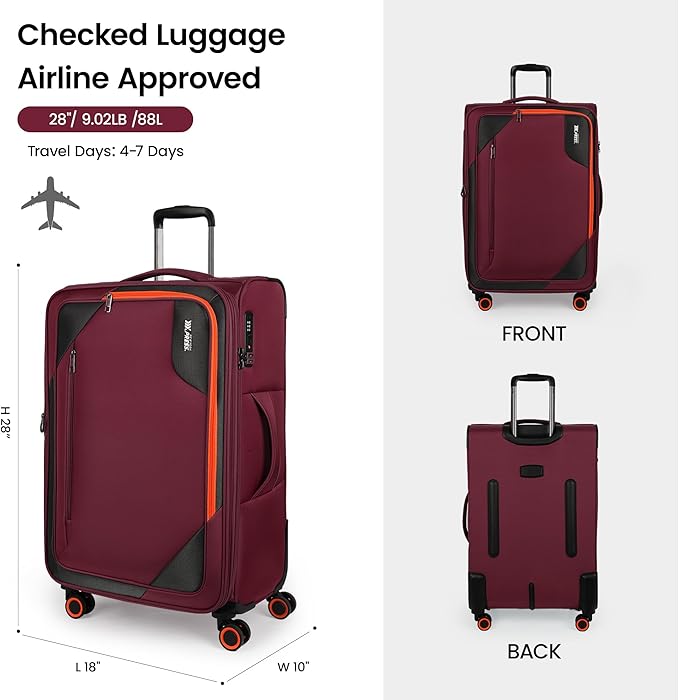 28 inch Luggage with Spinner Wheels,Large Softside Expandable 20% Checked Luggage w/TSA LOCK,Lightweight Durable Rolling Luggage for Men/Women（Burgundy,28in）