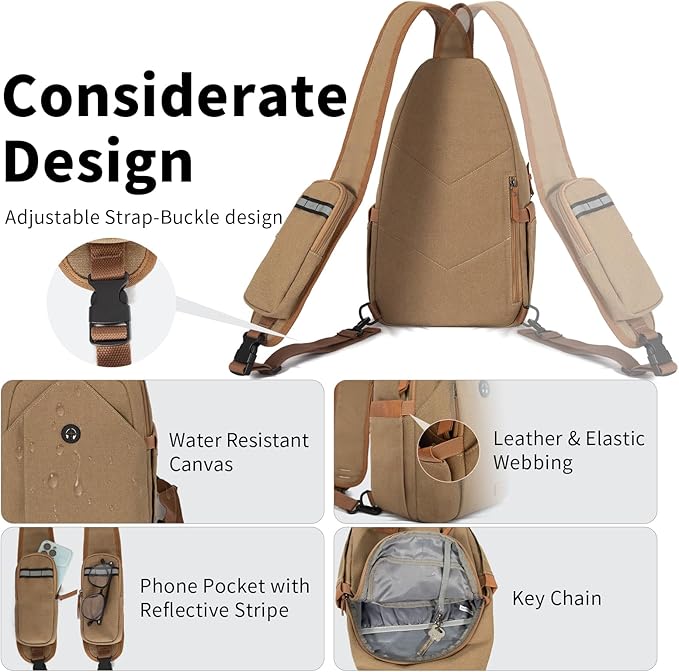 Sling Bag for Men, Anti Theft Crossbody with Tunnel Lock, Waterproof Canvas Shoulder Backpack for Travel Hiking Daily