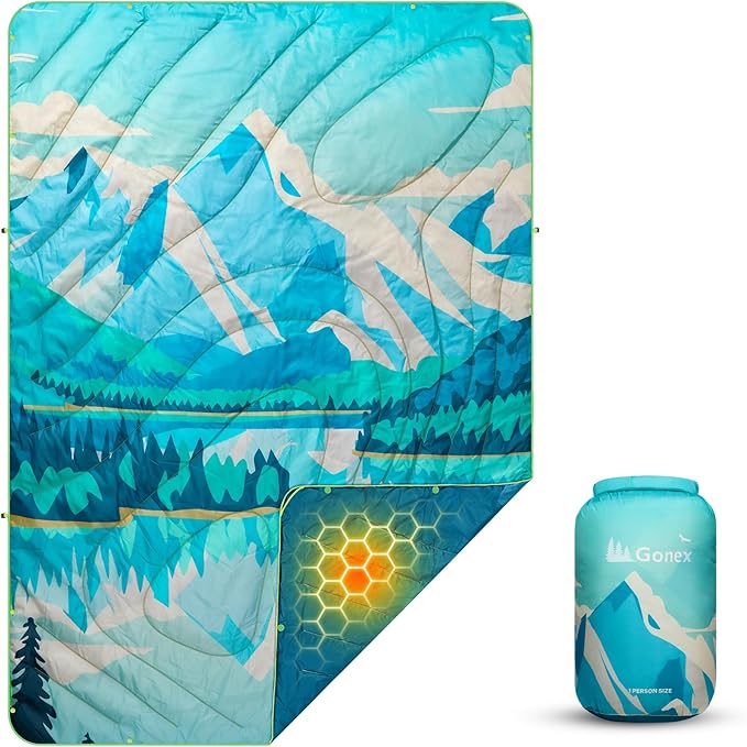 Gonex Camping Blanket with Aero-Warmth Tech Layer, Puffy Printed Packable Blanket Ultralight & Warm Wearable Water-Resistant Quilt for Outdoor, Camping, Hiking, Travel, Picnics 79" X 55" (Iceberg)