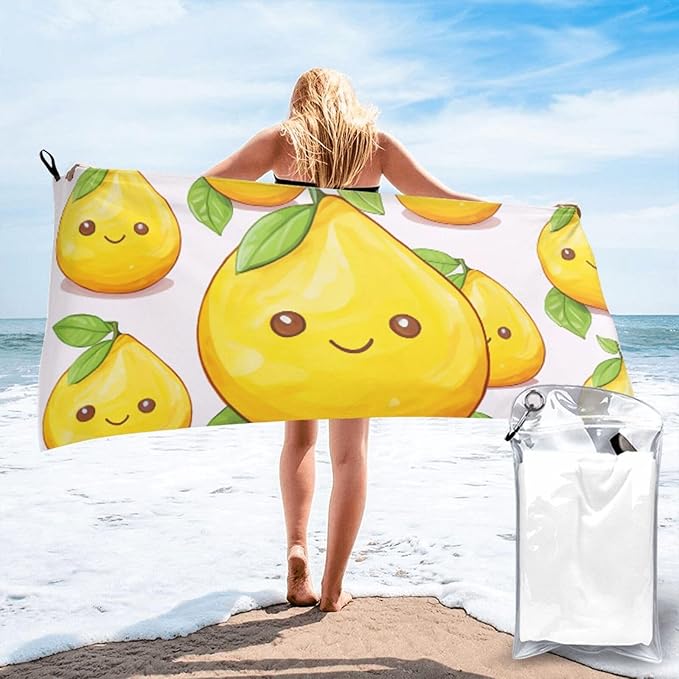 Beach Towel Sand Free Quick Dry Towel Microfiber Oversized Yellow Lemon Travel Towel 27.5""X55"" Absorbent Bath Towel Compact Towel Blanket for Women Men Camping Swim Sports, White