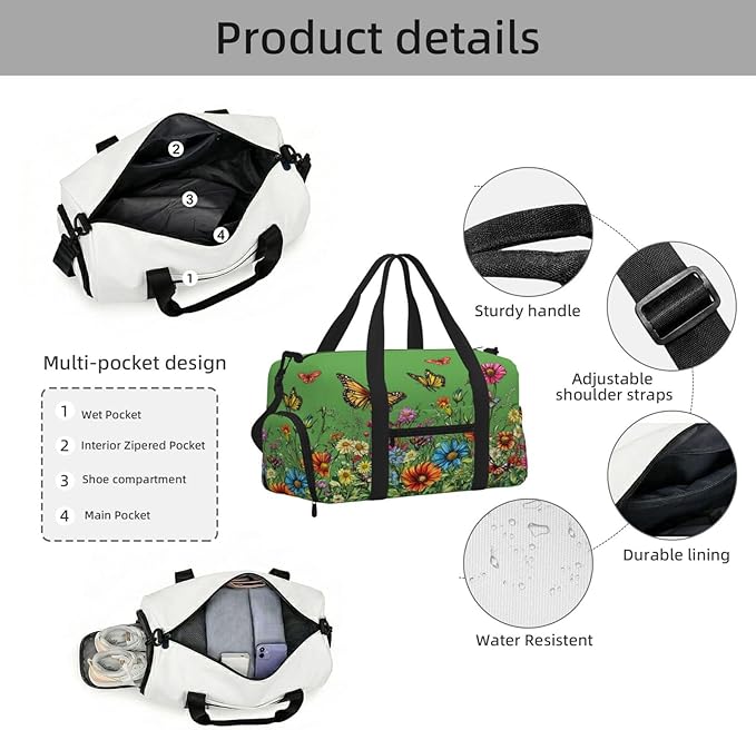 Sports Gym Bag Spring Wildflowers Butterfly Travel Duffel Bag With Shoe Compartment Shoulder Strap, Lightweight Water-Resistant Weekend Overnight Totes For Women Men
