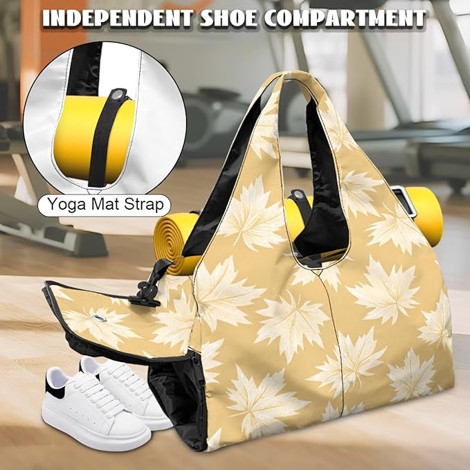 Yellow Gym Bag with Yoga Mat Strap and Shoe Compartment, Portable Lightweight Maple Leaf Gym Bag with Wet Pocket Water Resistant Gym Duffel for Swimming