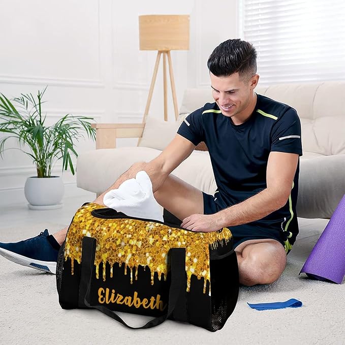 Golden Yellow Sequin Glitter Print Crossbody Bag Customized Duffel Bags (Store Shoes) Weekender Overnight Bag Travel Bag Personalized Gift Gym Bags