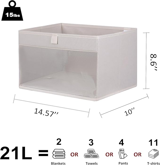 WUIKE 6-Pack Storage Bins with Window, Foldable Storage Baskets for Clothes, Purse, Blanket, Beige, Large