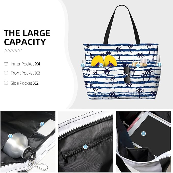Large Beach Bag for Women Waterproof Foldable Travel Shoulder Tote Bag with Pocket for Weekender Pool Vacation