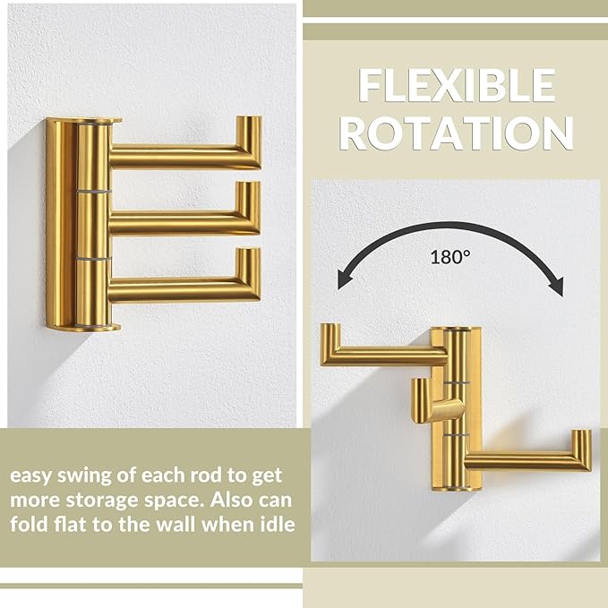 APLusee Brushed Gold Swivel Towel Hook 2 Pack, 304 Stainless Steel Triple Clothes Hook, Wall Mount