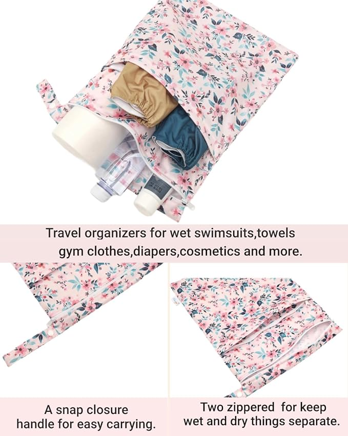 Wet Dry Bags 3 Pack Two Zipper Pockets Travel Beach Pool Reusable Waterproof Yoga Gym Bag for Baby Cloth Diaper Swimsuits Wet Clothes 3L02