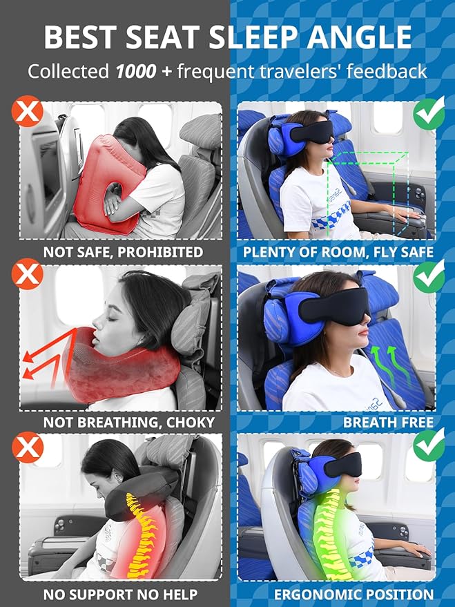 Travel Pillows for Airplanes, Airplane Pillow for Long Flight, Airplane Head Strap with Eye Mask for Sleep, Travel Neck Pillow for Car Road Trip, 360° Support Headrest, Stop Bobblehead, Orange