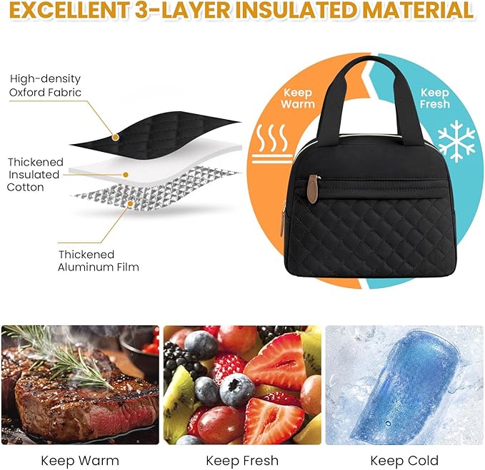 Insulated Lunch Bag for Women, Portable Lightweight Lunch Box for Adults, Reusable Lunch Tote Cooler Bags with Front Zipper Pocket for Work School Picnic(Black, Large)