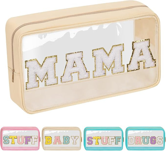 Iqimott Clear Patch Makeup Bag Mama Pouch, Preppy Personalized Chenille Letter Cosmetic Pouch for Travel, Nylon Waterproof Travel Essentials Zipper Toiletry Bags for Women Girls(MAMA, Beige)