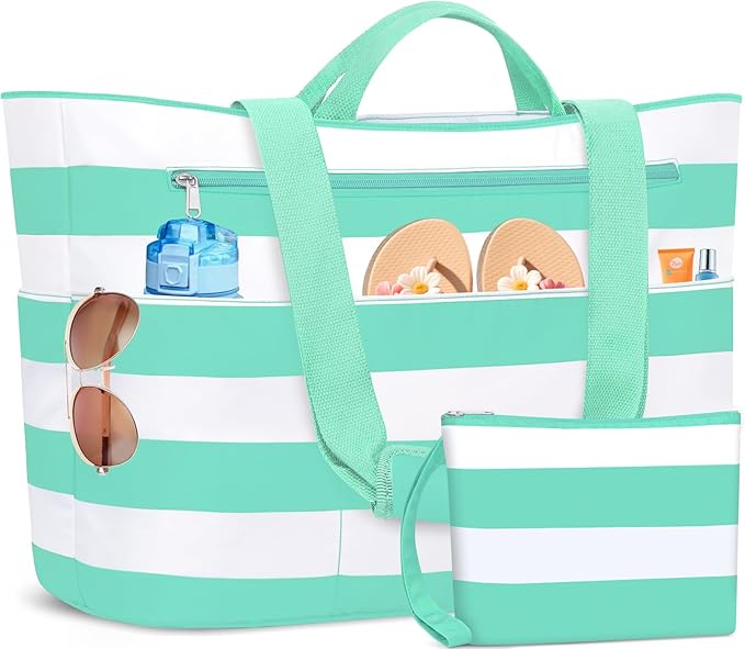 BKNOOU Extra Large Beach Bags Waterproof Sandproof XL Beach Tote Bag for Women Zipper Foldable Swim Pool Bag with Wet Pocket