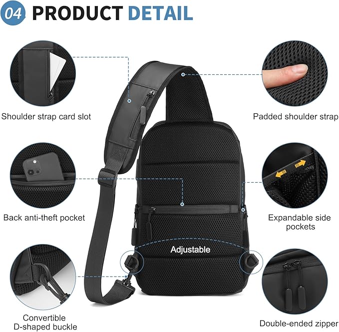 Men's Sling Bag, Convertible Anti Theft Sling Backpack, 11" One Shoulder Crossbody Backpack with USB Charging Port for Working Travel Daily, Black