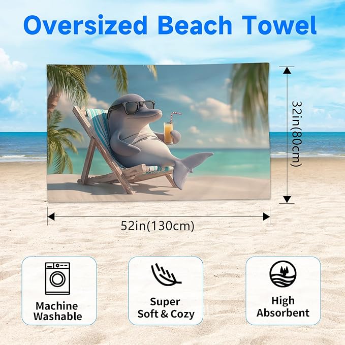 SARA NELL Dolphin Beach Towel, Cute Dolphin with Sunglasses and Drink Print, Summer Pool Beach Towel for Ocean Vacation, Quick Dry Lightweight, 32"x52"