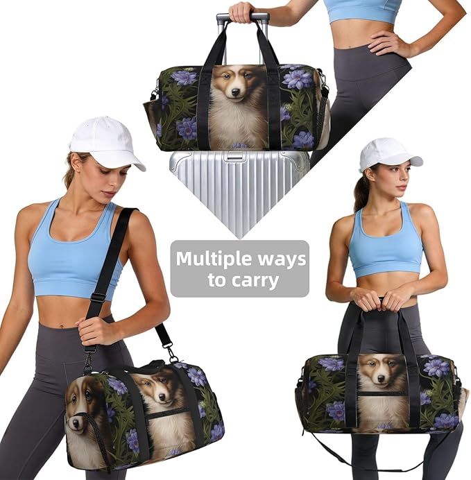 Sports Gym Bag Purple Flowers Cute Dog Travel Duffel Bag With Shoe Compartment Shoulder Strap, Lightweight Water-Resistant Weekend Overnight Totes For Women Men