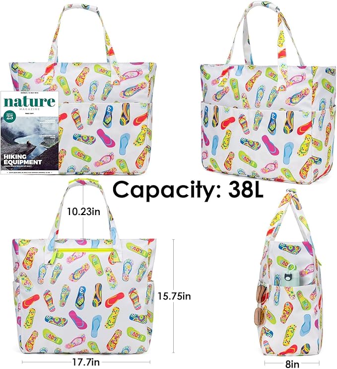 KABAQOO Extra Large Beach Bag Waterproof Sandproof Women Beach Tote with Zipper & Wet Compartment for Pool Gym Grocery Travel