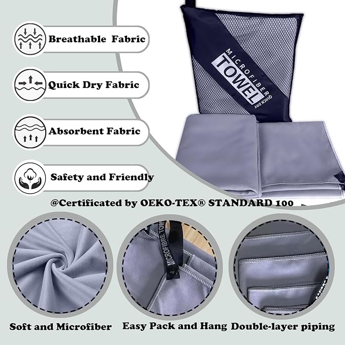 Reusable Quick Dry Beach Towels,Microfiber Travel Towel,Compressed Lightweight Bath Towel for Beach Hiking Gym Yoga Travel Sports Swimming Camping(Grey, 24"*48")