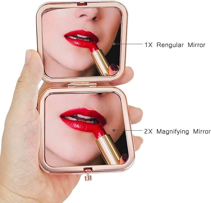 Compact Mirror Makeup Mirror Folding Mini Pocket Mirror Portable Hand Mirror Double-Sided 2 x 1x Magnification for Woman Girls Rose Gold
