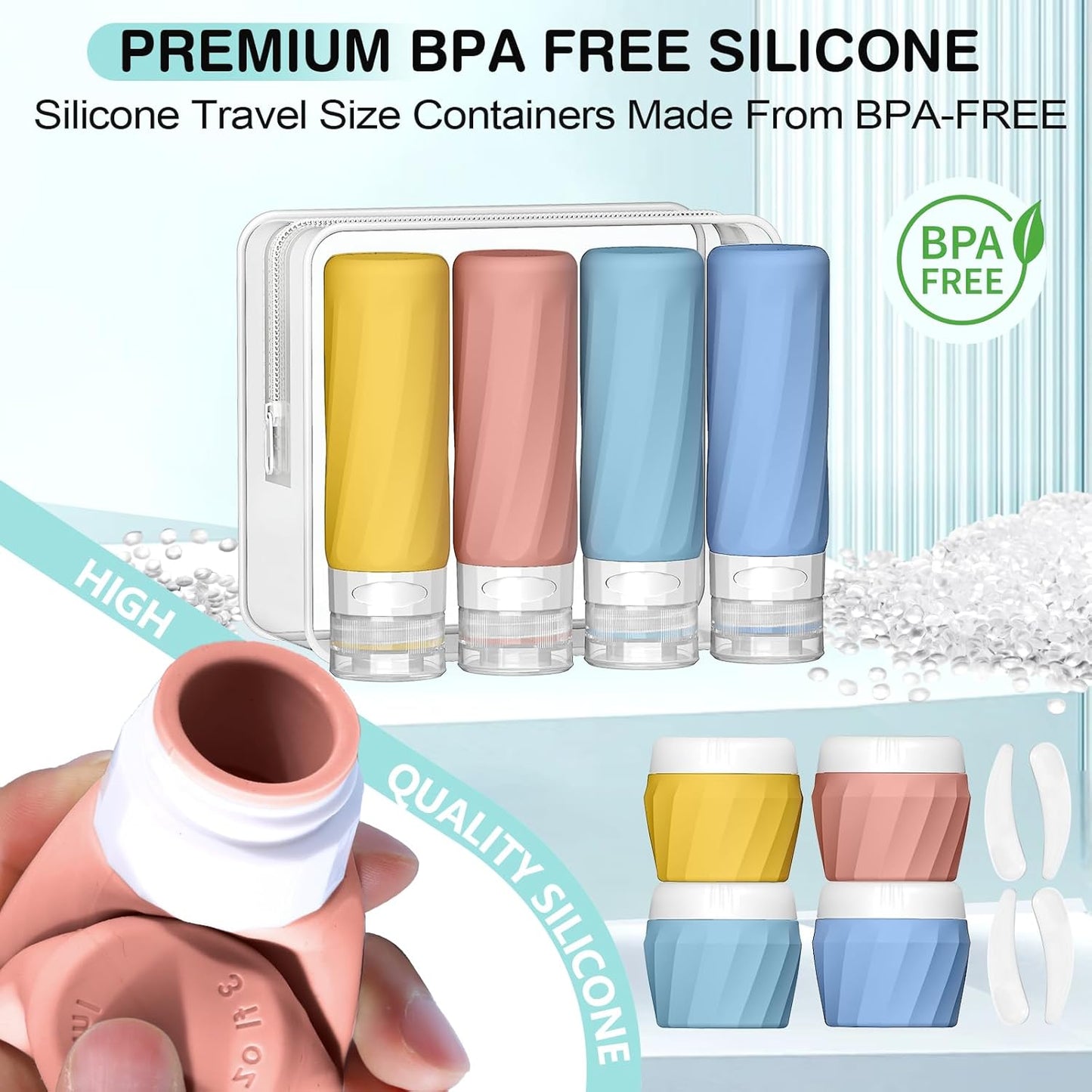 14pack Travel Bottles for Toiletries, TSA Approved Travel Size Toiletries Containers Set, Premium Silicone Leak Proof Refillable Bottles & Creams Jars Accessories Kit W/Clear Bag (Bright)