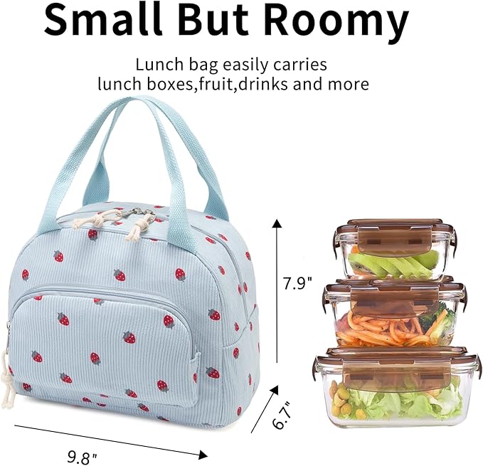 Lunch Bag Women Lunch Box for Women Adult Cute Insulated Lunch Bag Small Cooler Lunch Tote Bags for Work Picnic School (Blue-Strawberry)