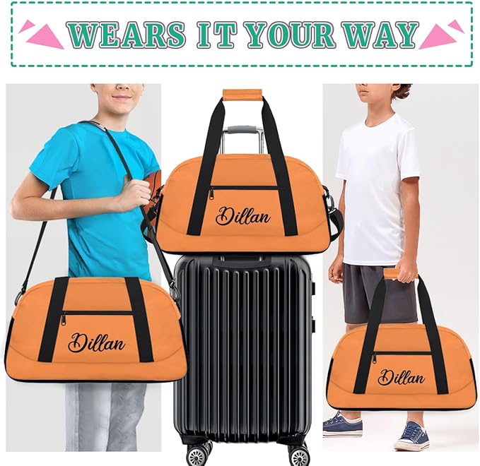 Custom Name Gym Duffel for Kids,Personalized Sports Bag Lightweight Gym Bags for Boys & Girls,Fitness Travel Weekender for Travel, Workout Orange