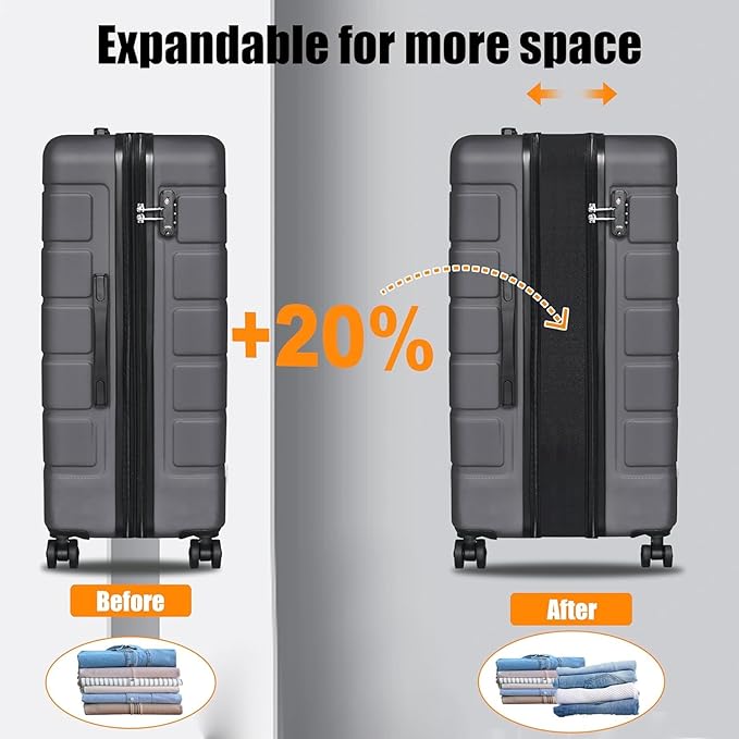 3-Piece Hardshell Luggage Set, Lightweight Expandable Suitcase with TSA Lock and Double Spinner Wheels, 20% Expansion for Extra Packing, Carry-On and Checked Bags, Grey