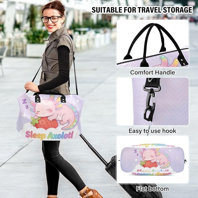 Travel Duffle Bag, Sleep Axolotl Strawberry Gym Bag with Storage Bag Weekender Overnight Bag for Men Women Trip Sports Yoga