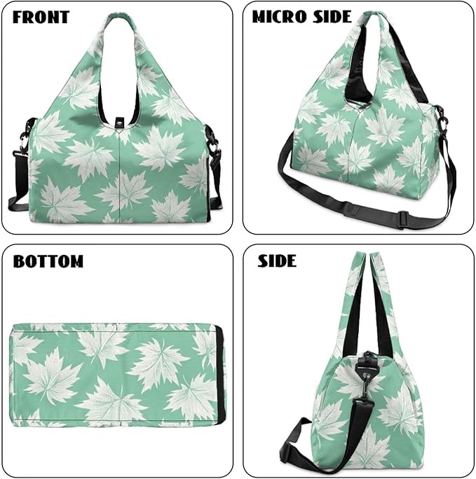 Maple Leaf Travel Duffel Bags for Women with Yoga Mat Strap, Lightweight Green Gym Bag with Shoe Compartment Wet Pocket Fitness Stylish Sport Tote Bag