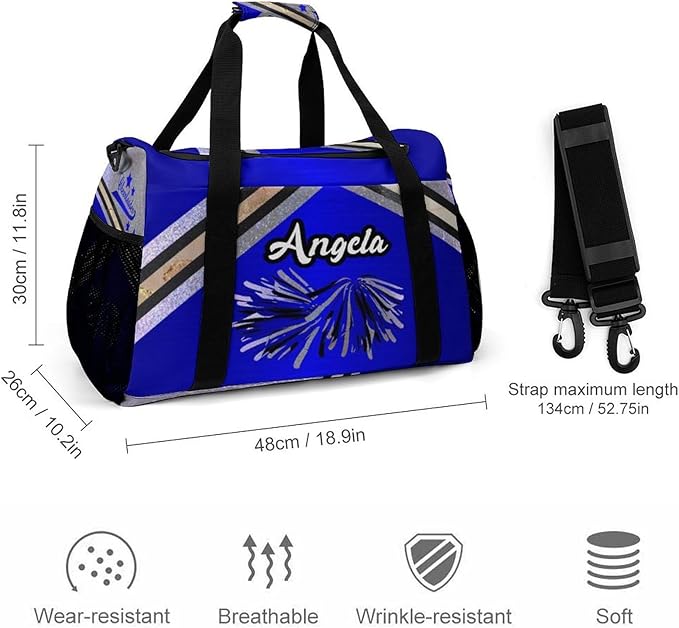 Personalized Sports Duffle Bags for Training, Navy Blue Cheering Silver Stripes Travel Bags with Adjustable Shoulder Strap, Custom Name Birthday Holiday Gift