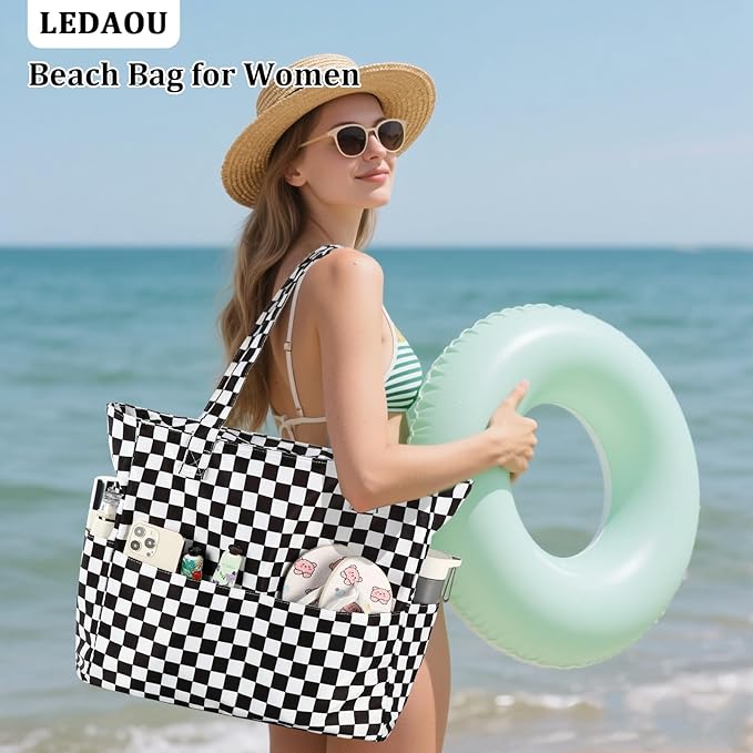 LEDAOU Large Beach Bag Women Waterproof Sandproof Zipper Beach Tote Pool Bag for Swim Gym Grocery Travel with Wet Pocket | Waterproof, Sandproof, Zipper, Pool, Gym, Grocery
