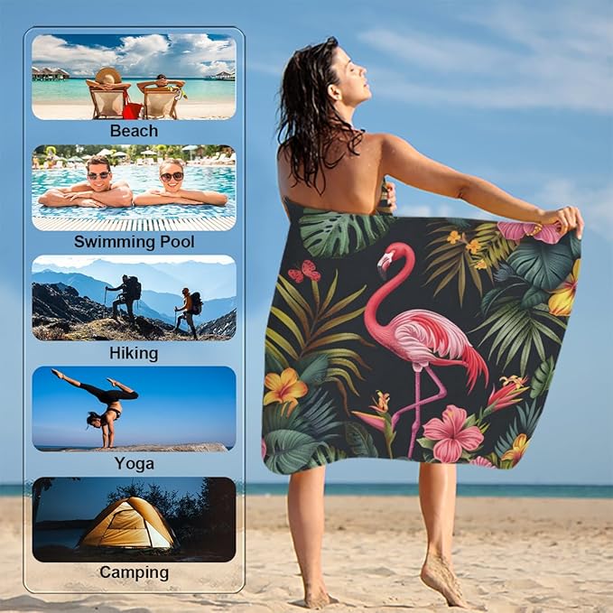 Flamingo Tropical Flowers Beach Towel, Large Microfiber Quick Dry Lightweight Pool Bath Towels Sand Free Beach Blanket for Summer Cruise Yoga Camping Travel Vacation Essentials 31 x 61 in
