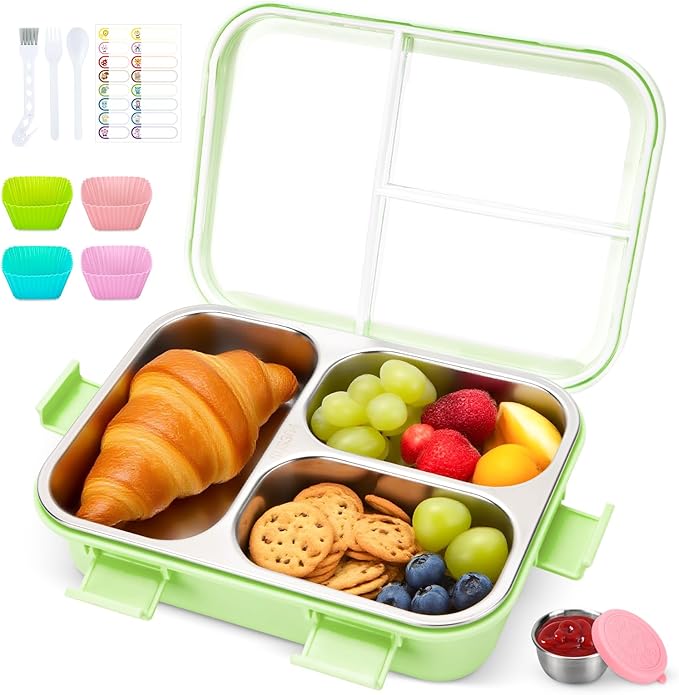 Stainless Steel Lunch Box for Kids, Durable Bento Box Containers with 3 Compartments, Leakproof Lock & Portable Utensil Set, Office, Picnics, Travel, Freezer&Dishwasher Safe, Green
