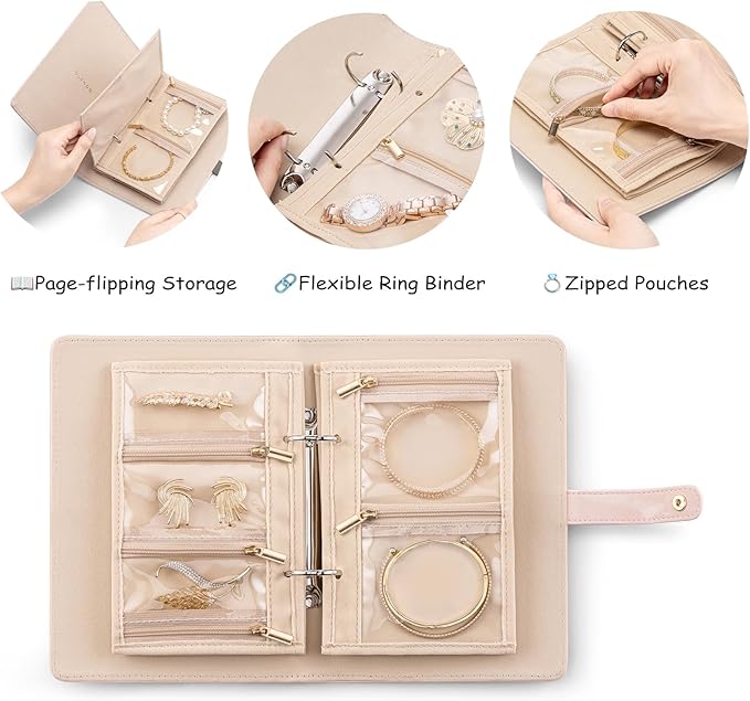 Vlando Jewelry Book Organizer - Leather Travel Jewelry Case with 5 Detachable Pages for Necklaces, Rings, Earrings, Tangle-Free, Giftable,Seashell Pink
