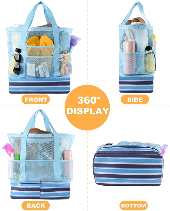 Beach Bag with Cooler, Mesh Beach Bag for Women Cruise Pool, Packable Waterproof Sandproof Travel Tote Bag with 8 Pockets