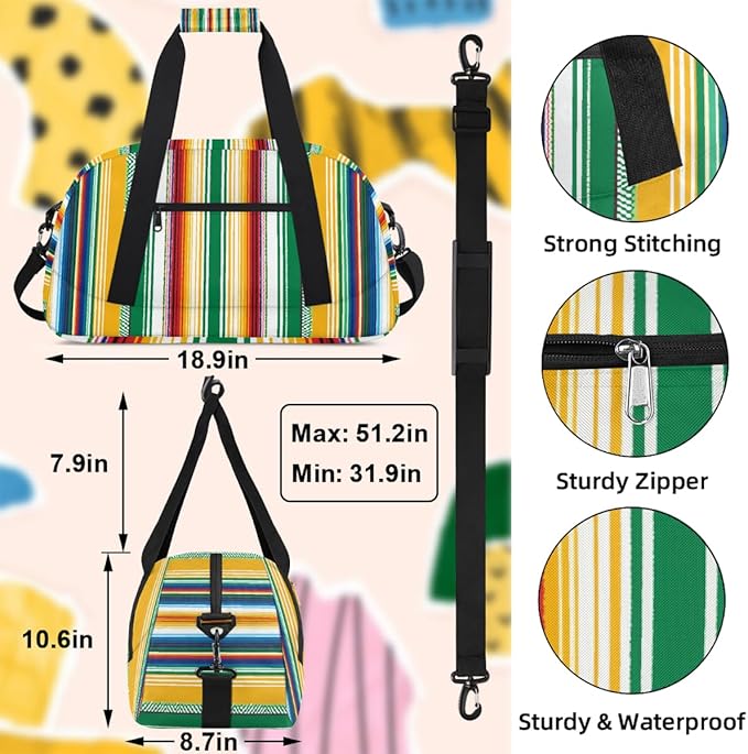Kids Duffle Bag Girls Boys Colorful Mexican Striped Weekender Overnight Bag,Lightweight Duffel Bags for Traveling Gym Sport Dance