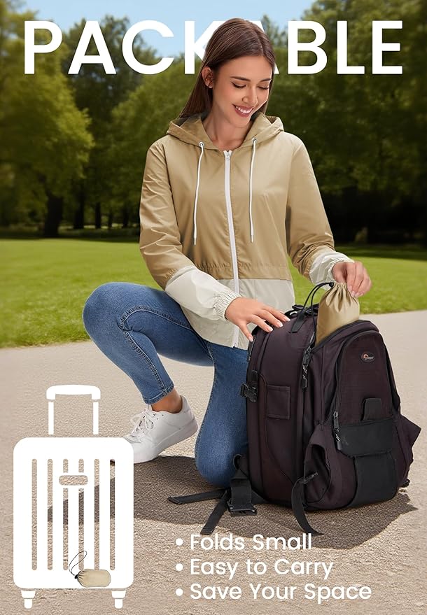 Zando Lightweight Rain Jacket Women Waterproof - Raincoat for Women Packable Rain coat Hooded Windbreaker for Travel Outdoor