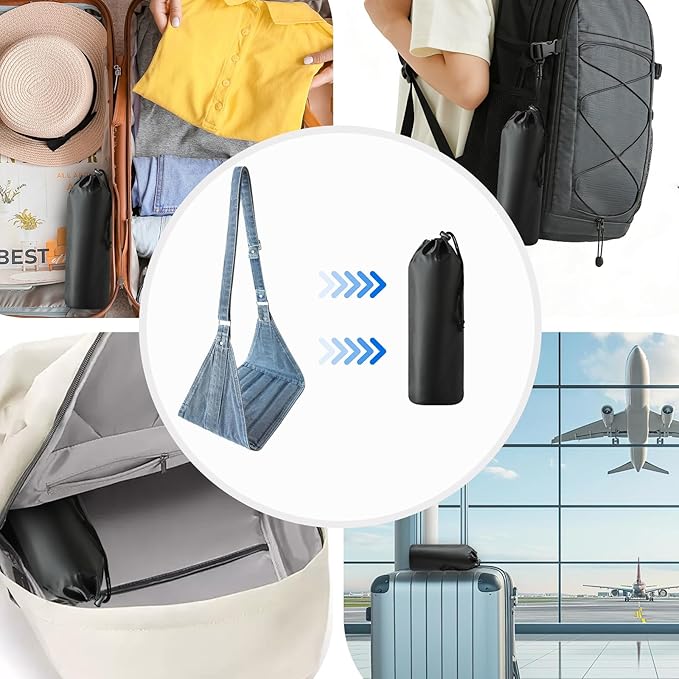 Airplane Foot Hammock, No Collapse Foot Rest for Plane Travel with Extended Adjustment Strap, Portable Desk Foot Hammock with,Cotton Denim, Foot Sling Travel Essentials to Relax Your Feet(Light Blue)