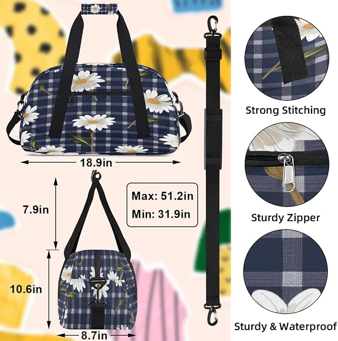 Sports Duffel Bags, Daisy Navy Plaid Water-Resistant Gym Duffle Bag for Men Women, Lightweight Weekender Overnight Bag for Fitness, Workout, Travel