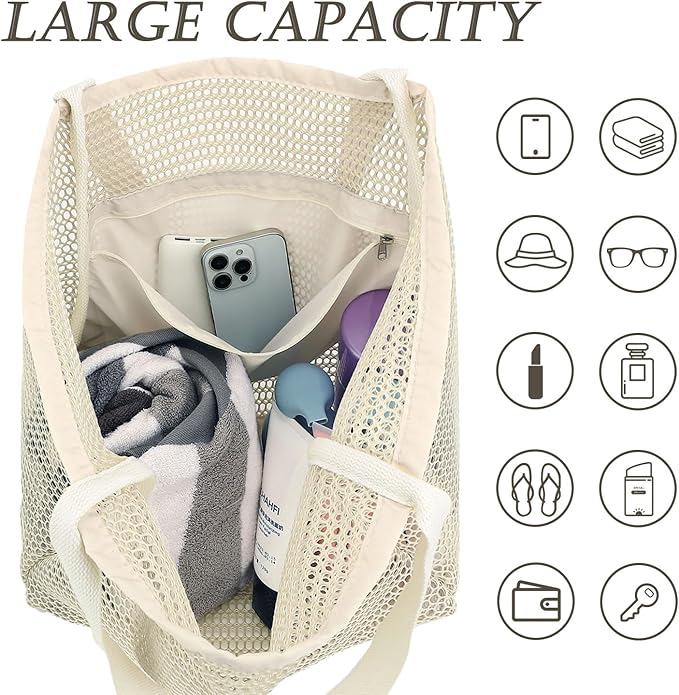 Beach Bag for Women with Outer Pocket, Waterproof Large Tote Bag for Cruise Essentials